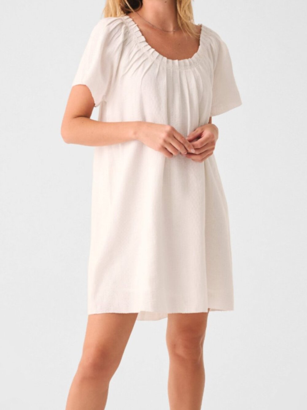 Faherty Whisper White Annabelle Organic Cotton Flax Mini Short Sleeve Dress